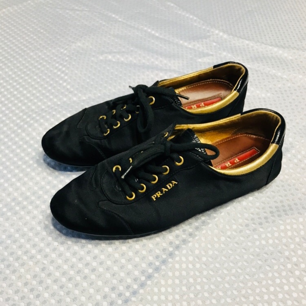 Prada Black and Gold Low-Top Sneakers